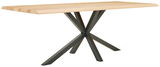 Moderner Esstisch mit Holzplatte und schwarzem Metallgestell, seitliche Perspektive