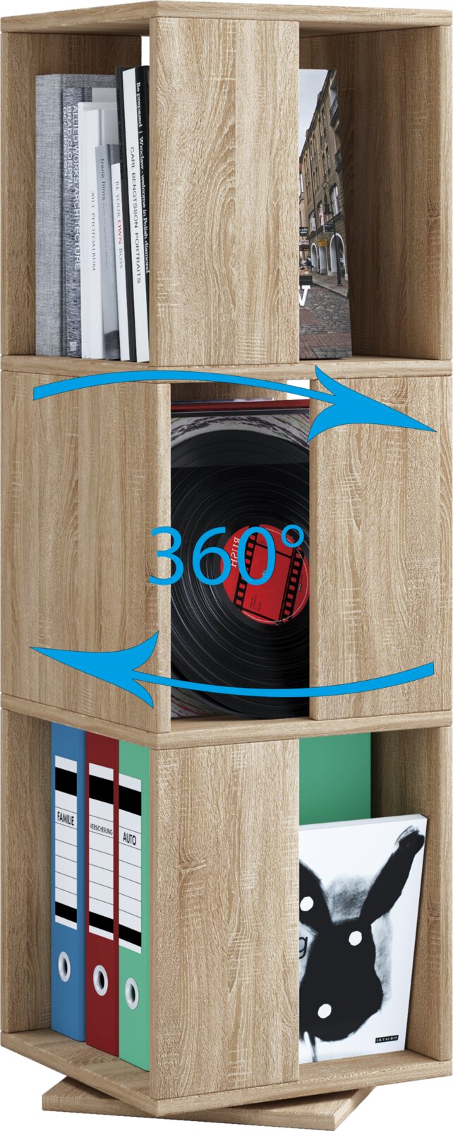 Drehbares 360°-Regal in Eiche-Optik mit mehreren offenen Fächern, gefüllt mit Büchern, Ordnern und einer Schallplatte perspektivisch in leichter Schrägansicht von vorne gezeigt