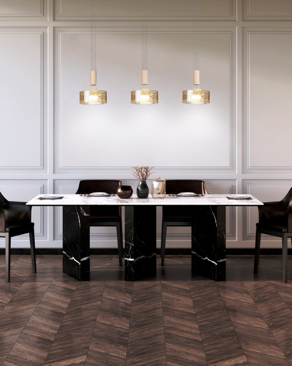 Fischer & Honsel LED-hanglamp LAVIN Moderne eetkamer met een wit tafelblad op zwarte marmeren poten, vier zwarte stoelen en drie hangende glazen pendellampen, vooraanzicht op de tafel
