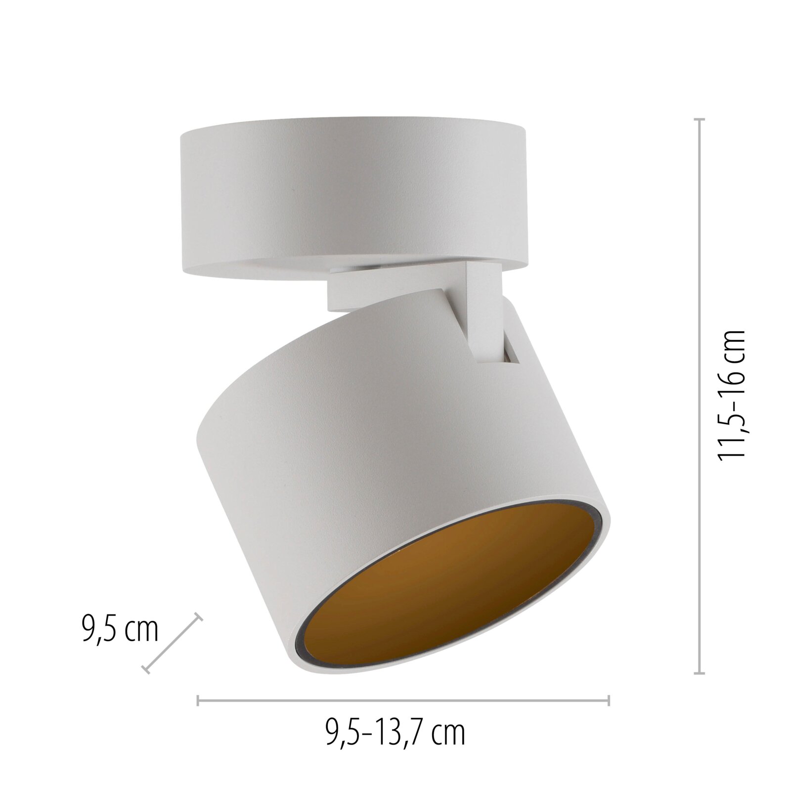 Weißer LED-Spot mit verstellbarem Zylinder, seitliche Perspektive, Maße: 9,5 cm x 9,5-13,7 cm x 11,5-16 cm