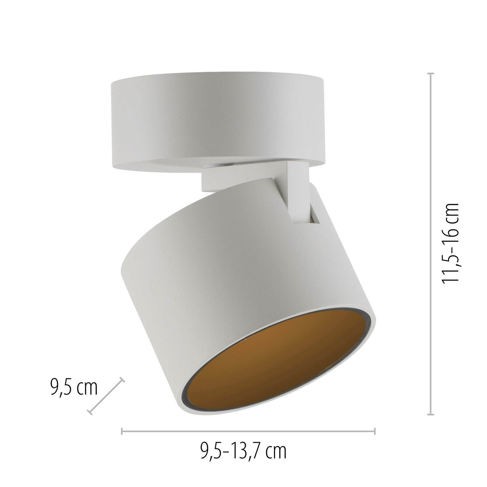 Weißer LED-Spot mit verstellbarem Zylinder, seitliche Perspektive, Maße: 9,5 cm x 9,5-13,7 cm x 11,5-16 cm