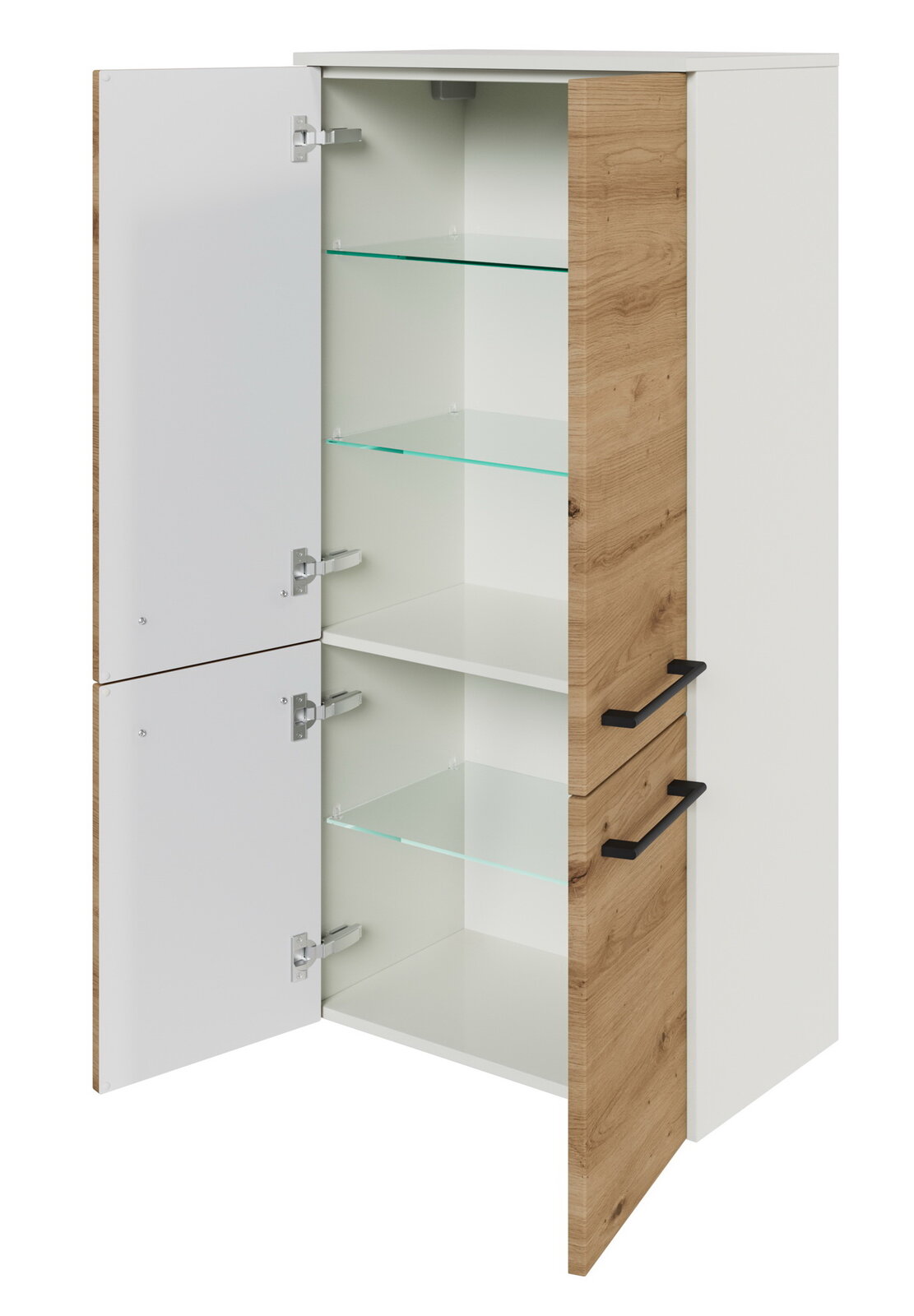 Sadena Midischrank PLAKA Midischrank mit zwei offenen Türen, Holzoptik an der rechten Seite, Glasböden, Perspektive von vorne links