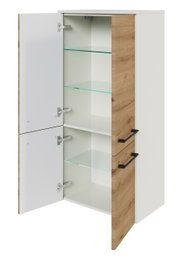 Midi-kast met twee open deuren, houtlook aan de rechterkant, glazen planken, aanzicht van linksvoor