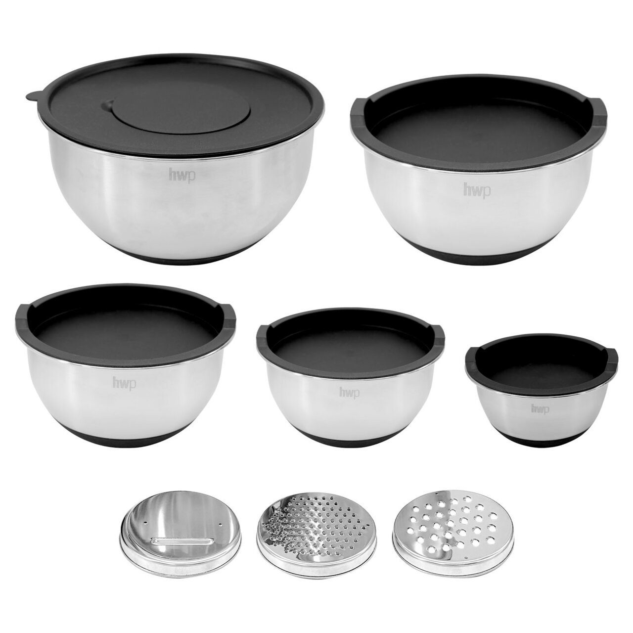 Rührschüssel-Set aus Edelstahl, 8-teilig, mit schwarzen Deckeln und verschiedenen Reibeaufsätzen, Ansicht von vorne.