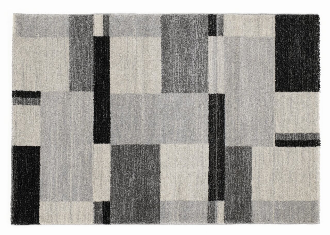 Moderner Teppich mit geometrischem Muster in Grautönen, Draufsicht