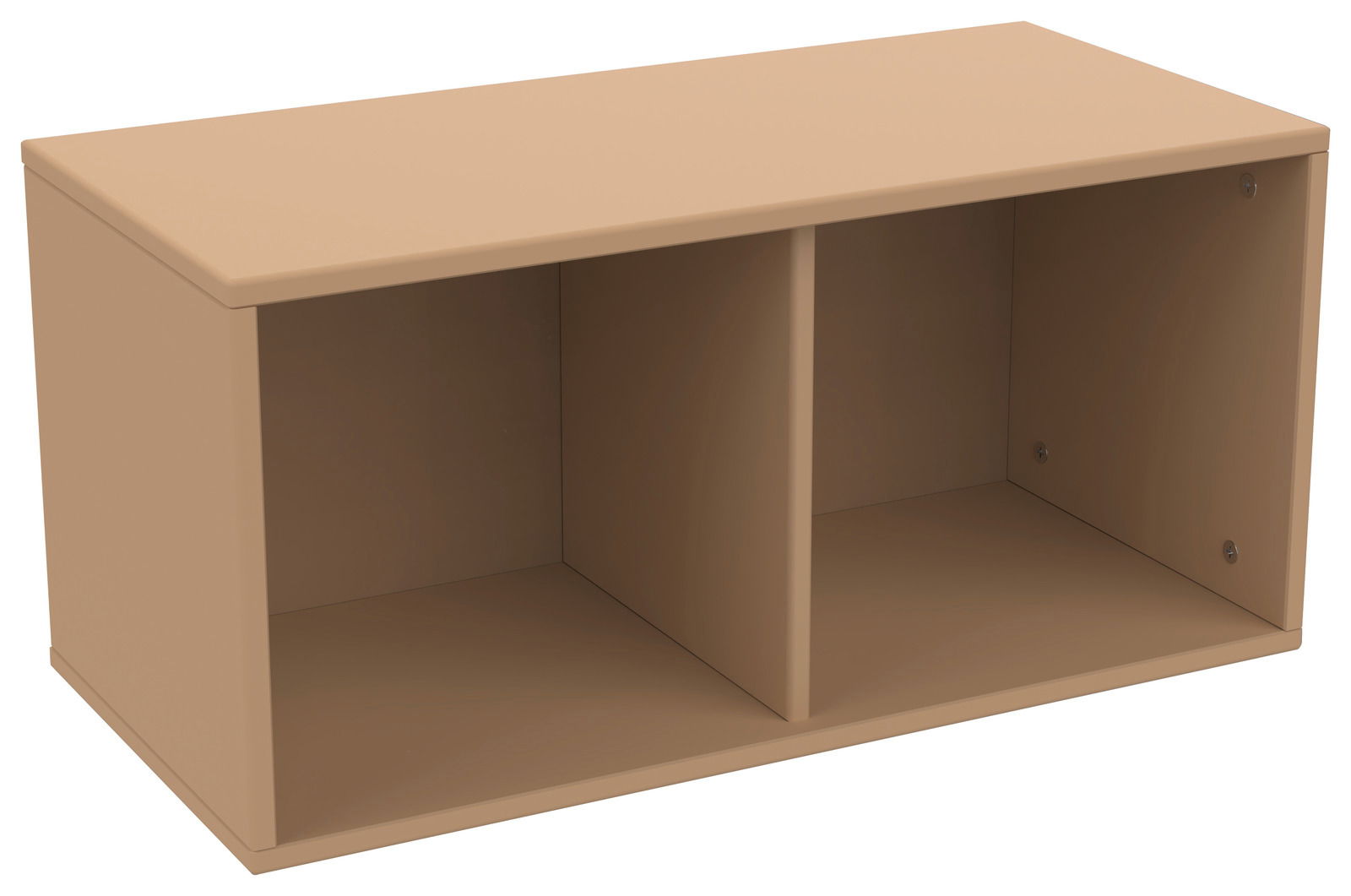 Beiges Bücherregal ROOMIE mit zwei Fächern, seitliche Perspektive