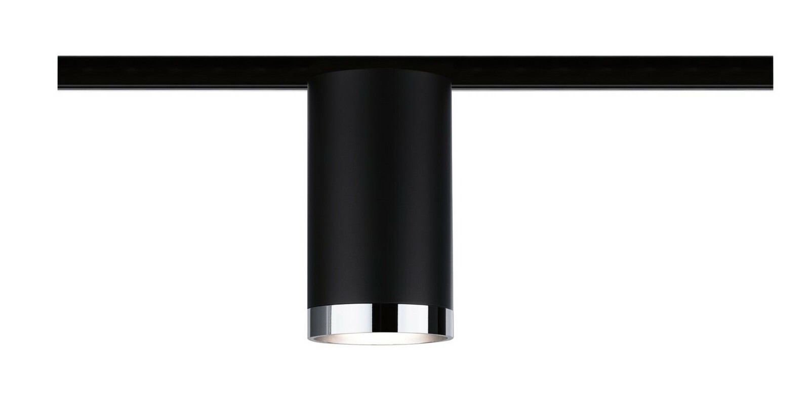 Schwarzer zylindrischer Schienenspot mit silbernem Rand, von vorne betrachtet.