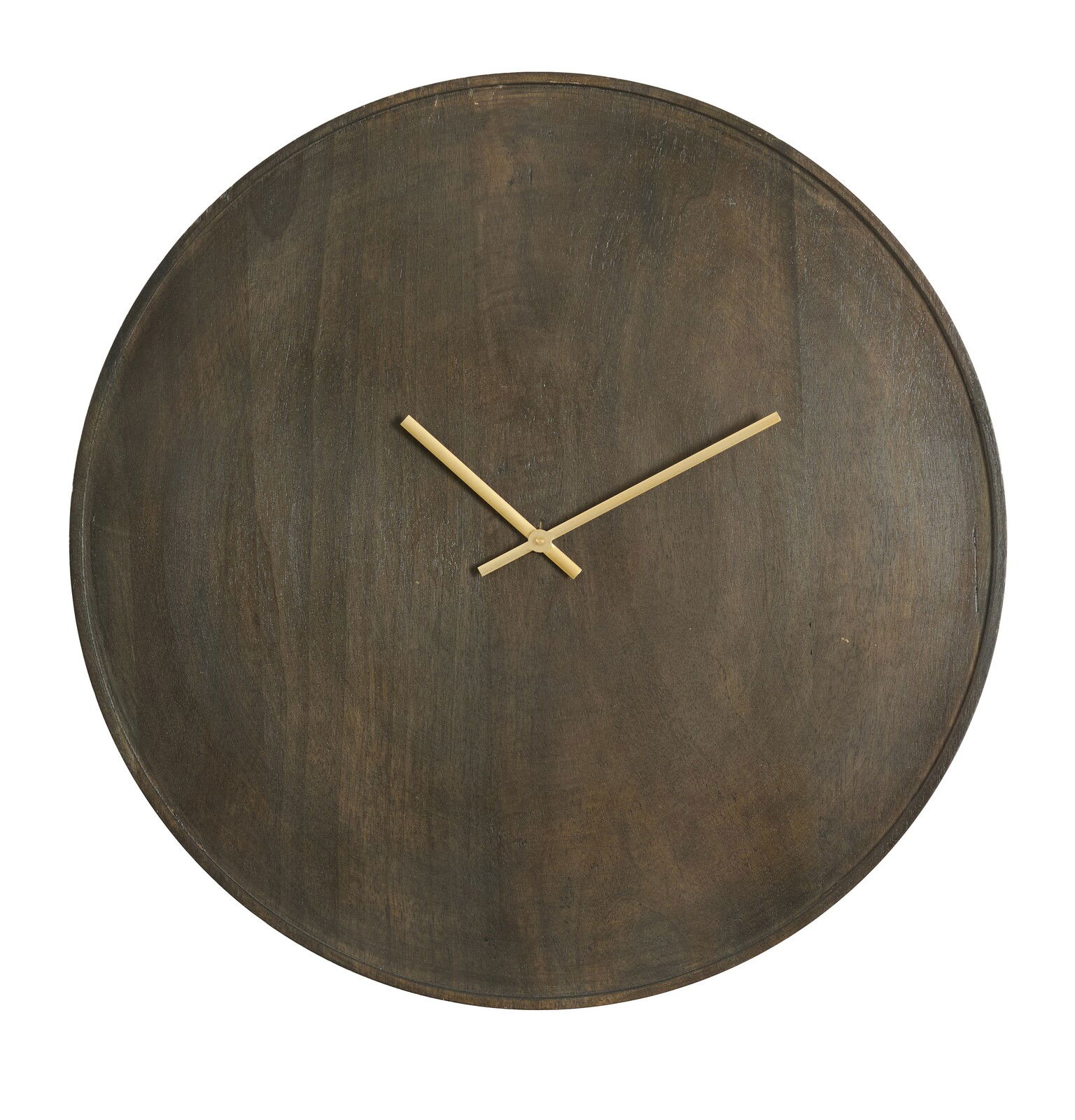 Minimalistische Wanduhr aus Holz mit goldenen Zeigern, Frontalansicht