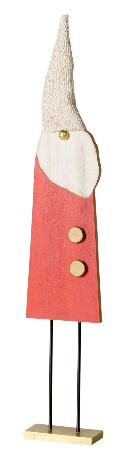 Seitenansicht einer dekorativen Holzfigur mit rotem Mantel, weißem Bart und spitzer Mütze auf einem Metallständer.