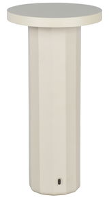 Akku-Tischleuchte in zylindrischer Form, frontal abgebildet mit USB-Anschluss an der Basis.