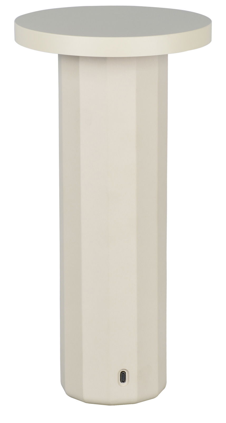 Akku-Tischleuchte in zylindrischer Form, frontal abgebildet mit USB-Anschluss an der Basis.