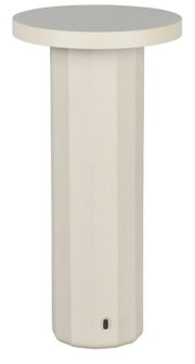 Akku-Tischleuchte in zylindrischer Form, frontal abgebildet mit USB-Anschluss an der Basis.