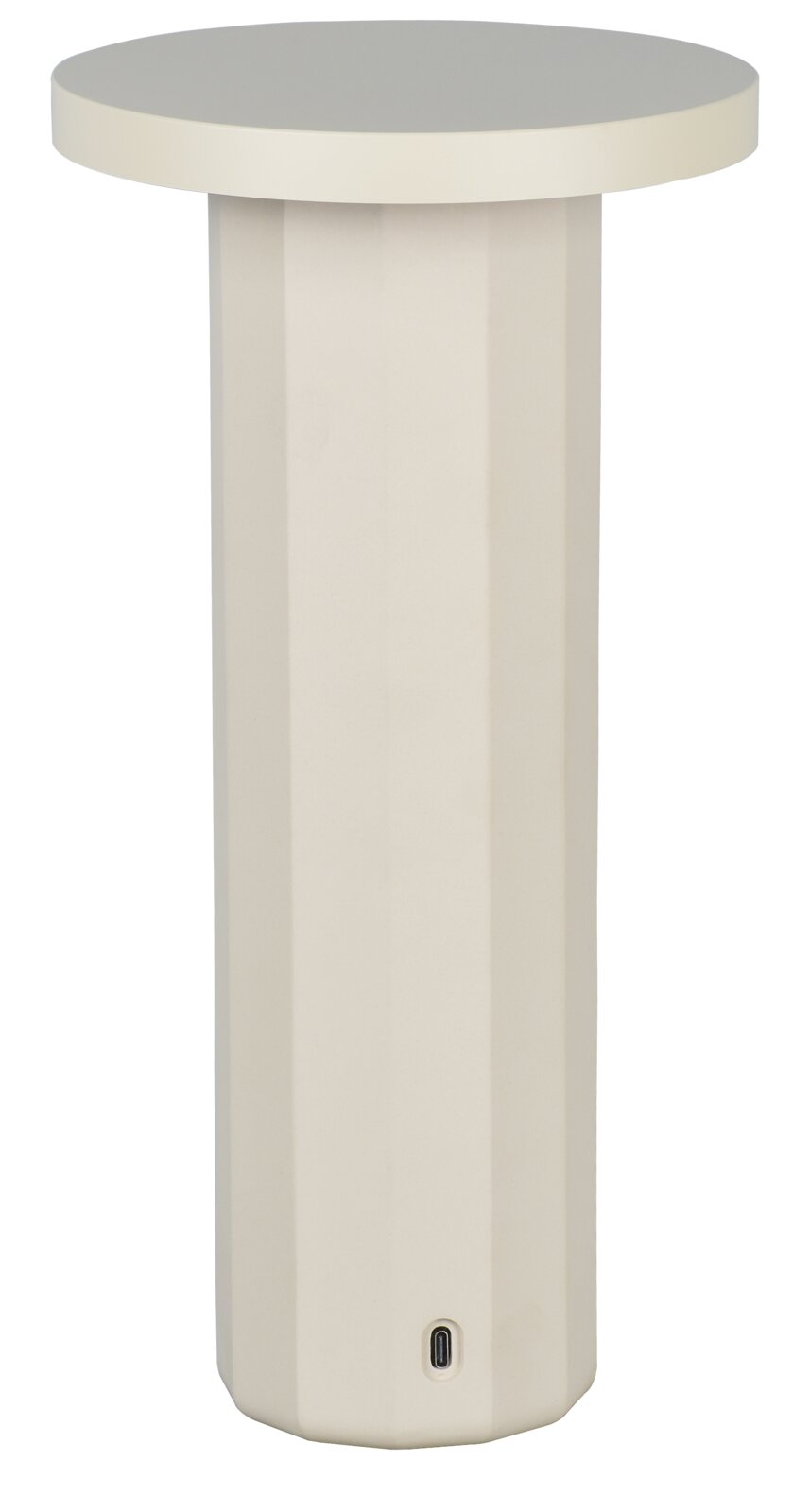 Akku-Tischleuchte in zylindrischer Form, frontal abgebildet mit USB-Anschluss an der Basis.