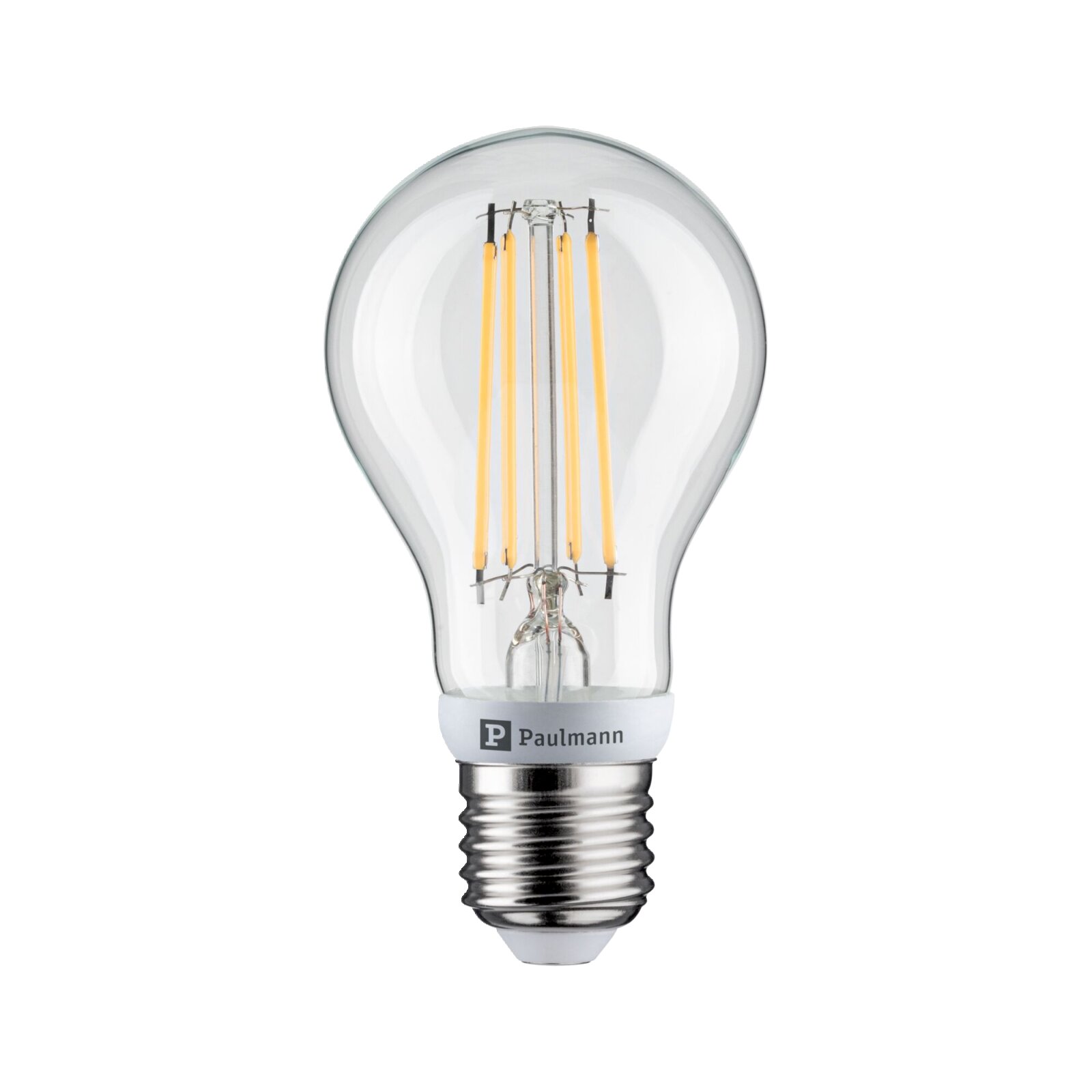 Paulmann LED-Filament-Lampe mit klarem Glaskolben und E27-Schraubsockel, frontal in Nahaufnahme vor weißem Hintergrund