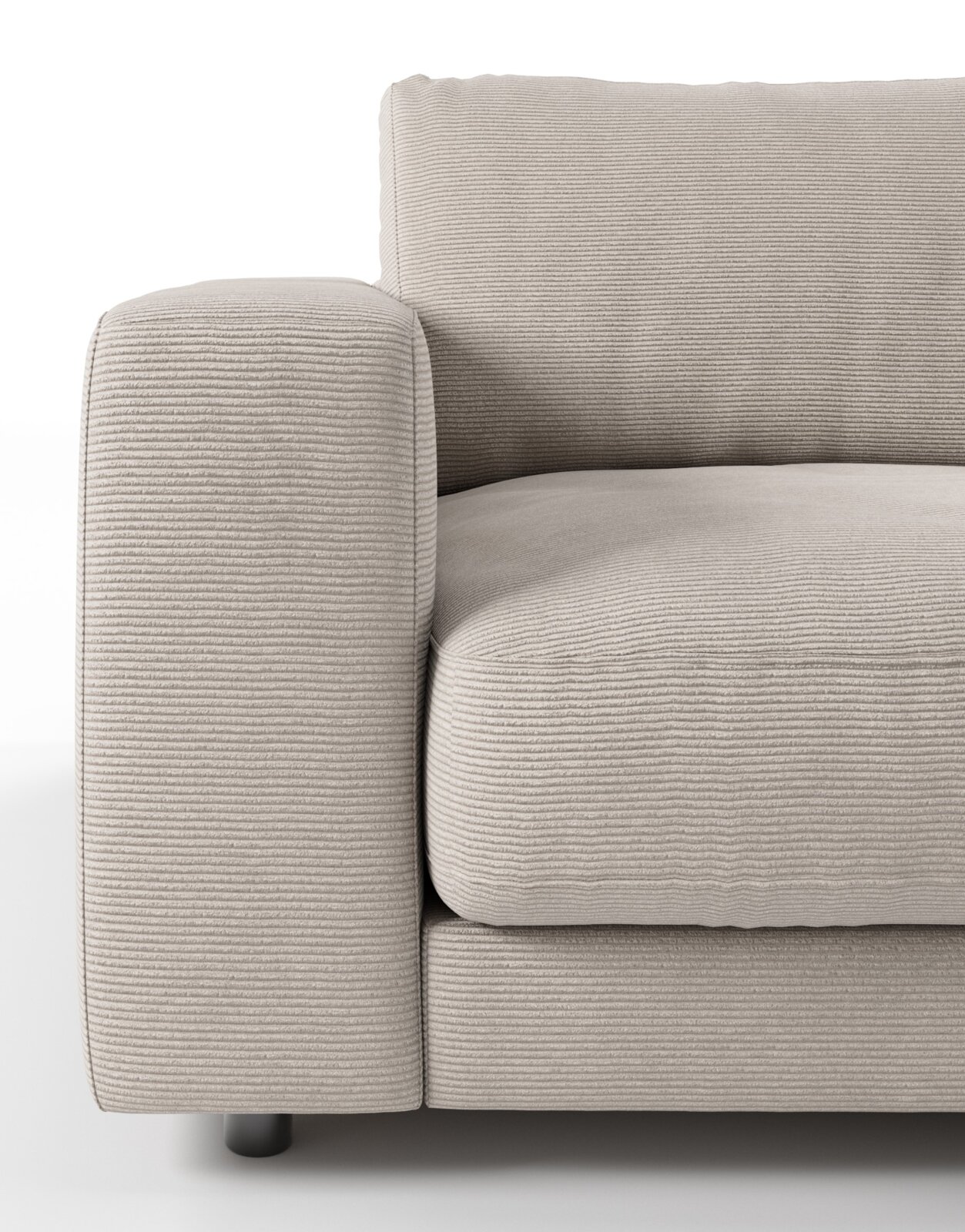 Close-up van een beige tweezitsbank met geribbelde stoffen bekleding, gezien vanaf de linkerkant.