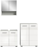 Badezimmermöbel-Set bestehend aus einem Spiegelschrank, einem Waschbeckenunterschrank und einem Hochschrank, frontal abgebildet.