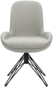 Moderner grauer Stuhl mit gepolsterter Sitzfläche und schwarzem Metallgestell, Frontalansicht