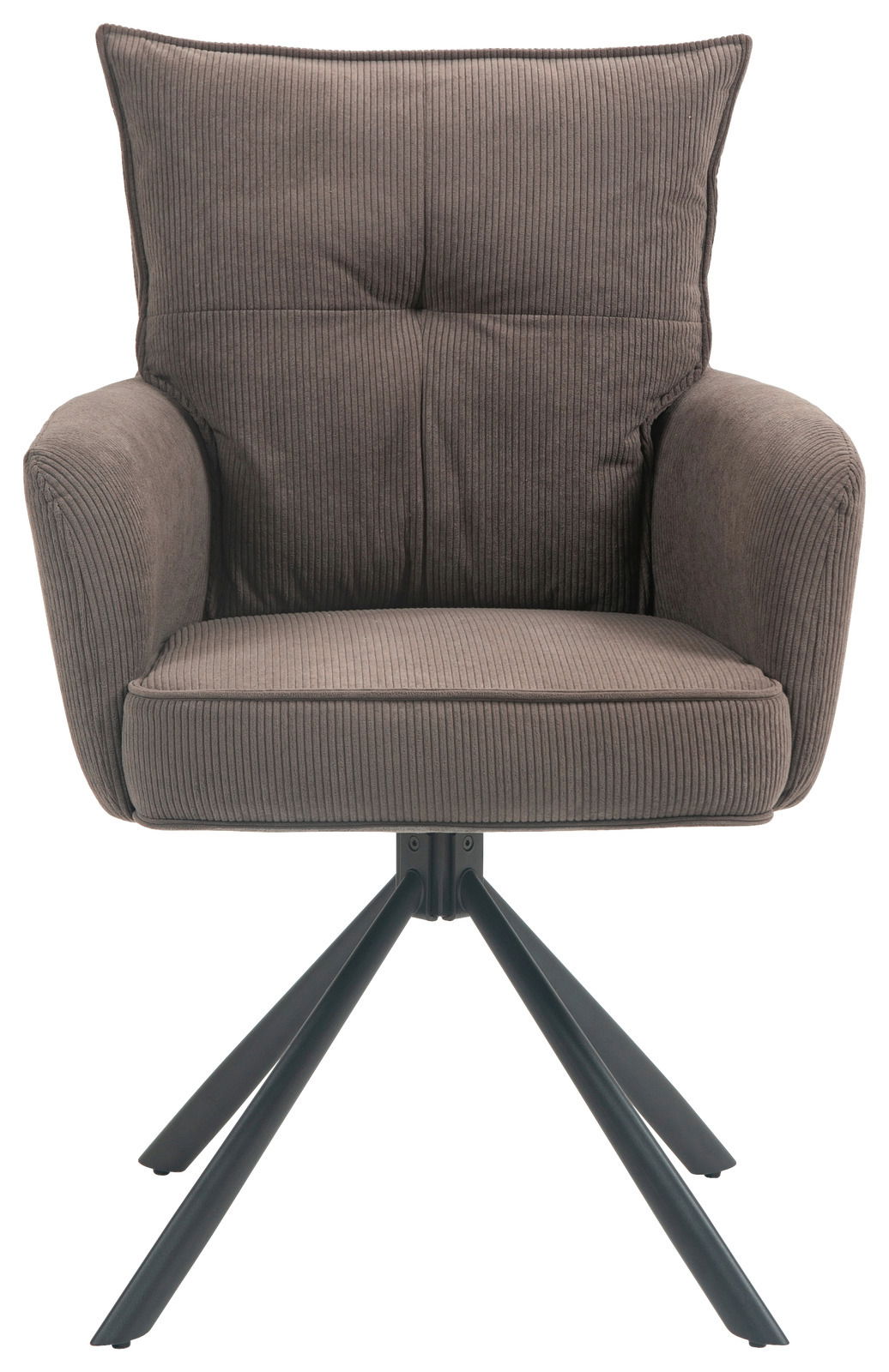 Moderner Sessel mit braunem Stoffbezug und Metallbeinen, Frontalansicht