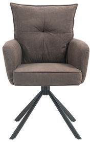 Moderner Sessel mit braunem Stoffbezug und Metallbeinen, Frontalansicht