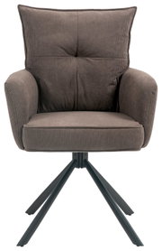 Moderne fauteuil met bruine stoffen bekleding en metalen poten, vooraanzicht