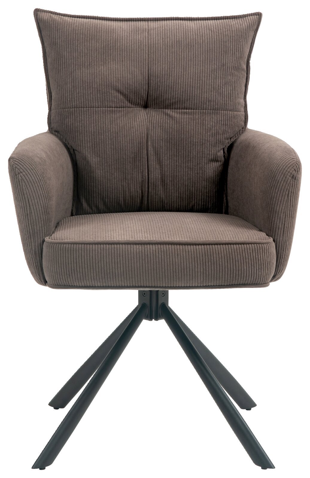 Moderne fauteuil met bruine stoffen bekleding en metalen poten, vooraanzicht