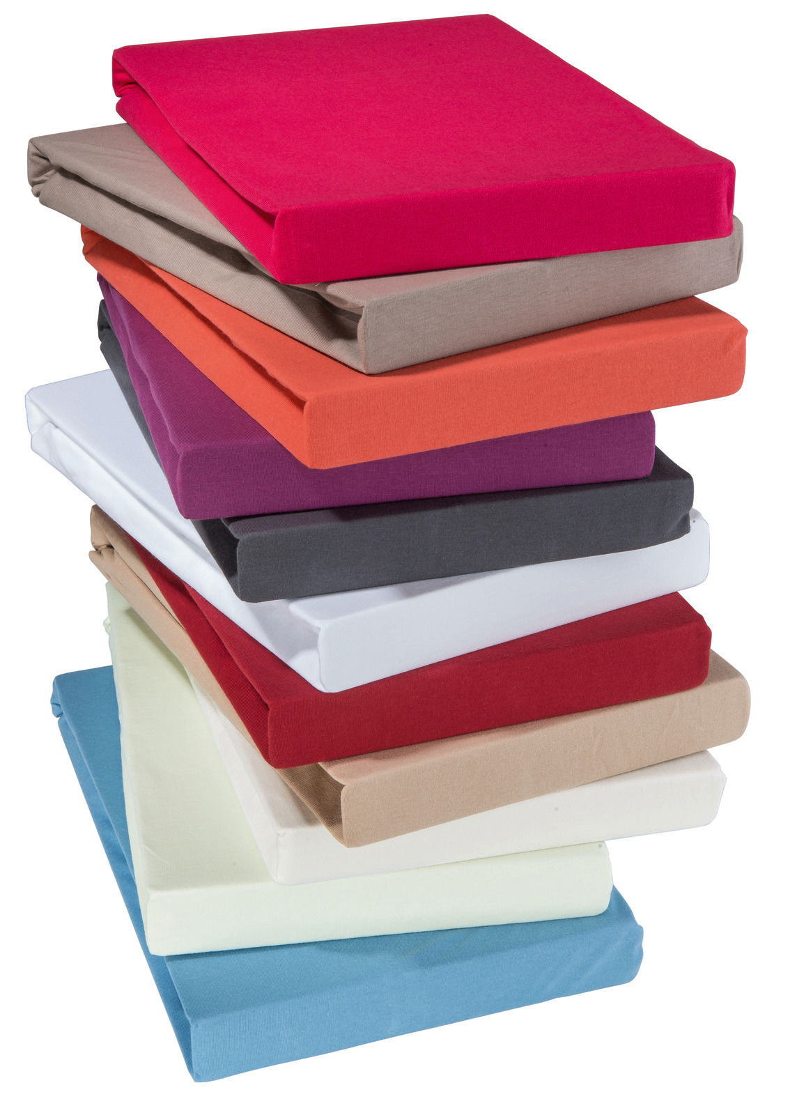 Stapel von Jersey-Spannbetttüchern in verschiedenen Farben, von oben betrachtet.