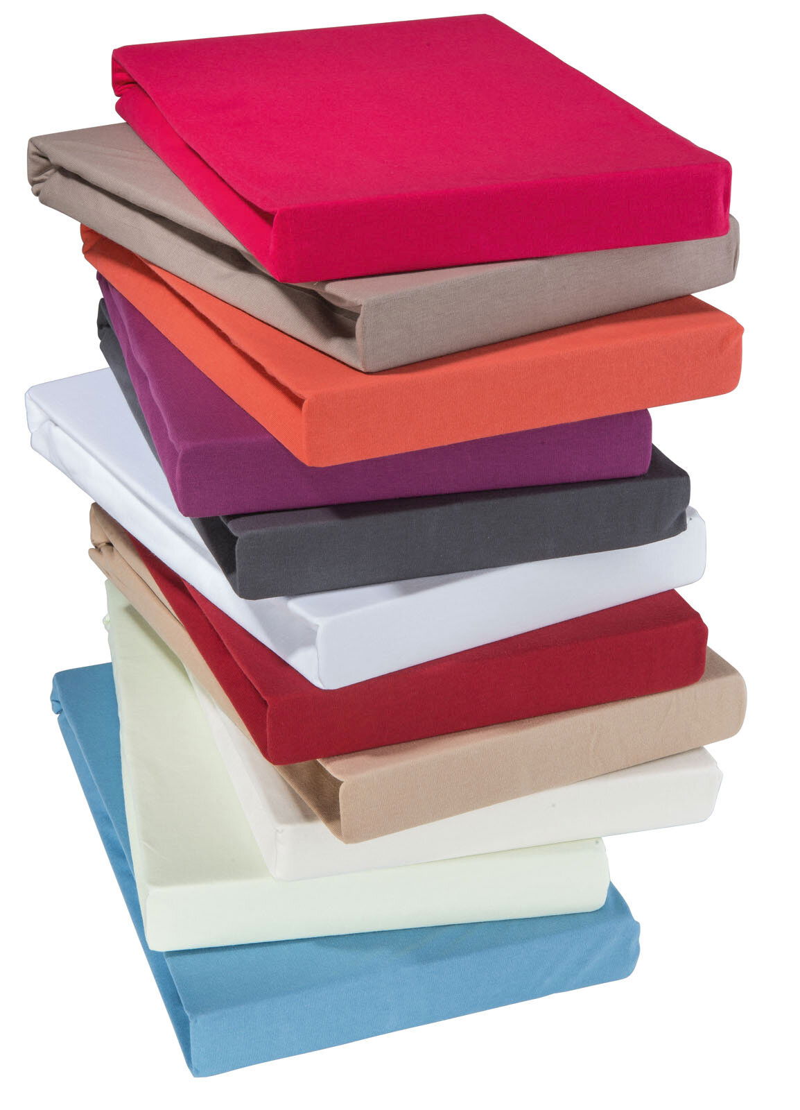 Stapel von Jersey-Spannbetttüchern in verschiedenen Farben, von oben betrachtet.