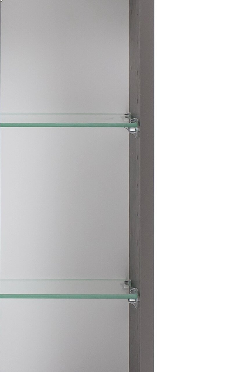 Innenansicht eines Spiegelschranks mit Glasregalen, seitliche Perspektive