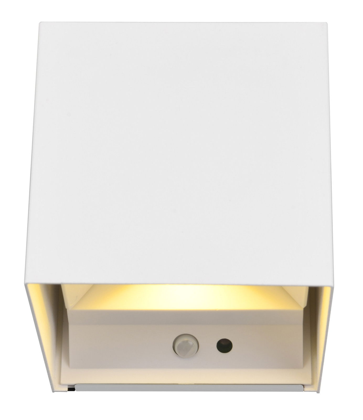 Weiße Akku Wandleuchte TALENT, frontale Perspektive, mit warmem Lichtschein und Schalter.