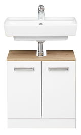 Frontansicht eines modernen Waschbeckenunterschranks mit weißem Korpus und Holzoberfläche, ausgestattet mit zwei Türen und silbernen Griffen, unter einem rechteckigen Waschbecken mit Wasserhahn.