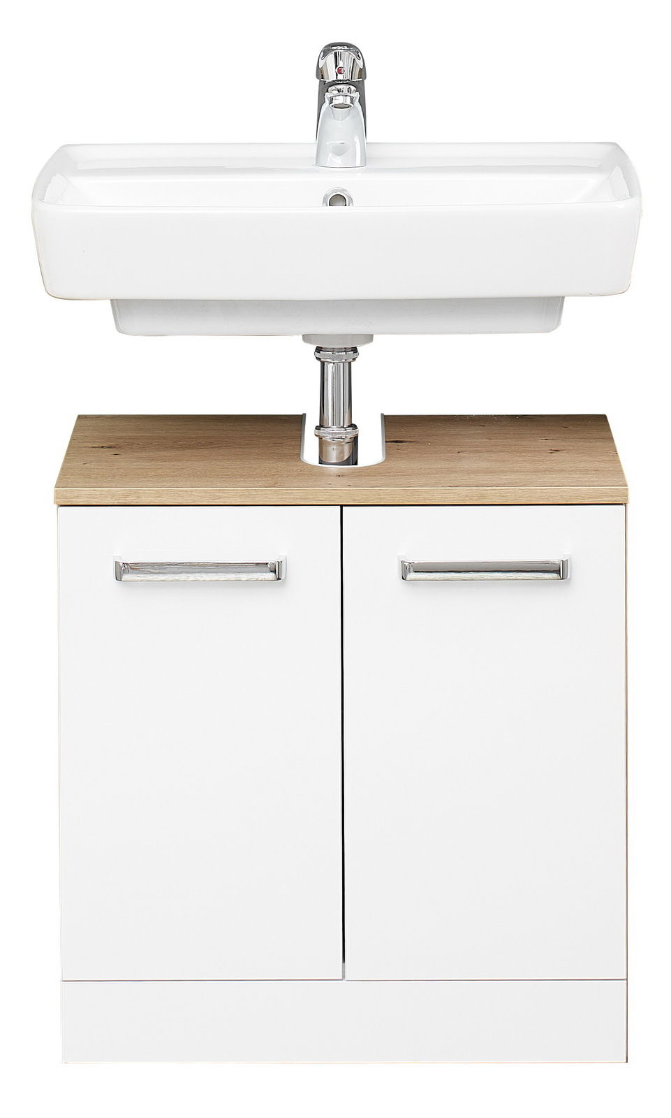 XORA Waschbeckenunterschrank XO1200 Frontansicht eines modernen Waschbeckenunterschranks mit weißem Korpus und Holzoberfläche, ausgestattet mit zwei Türen und silbernen Griffen, unter einem rechteckigen Waschbecken mit Wasserhahn.