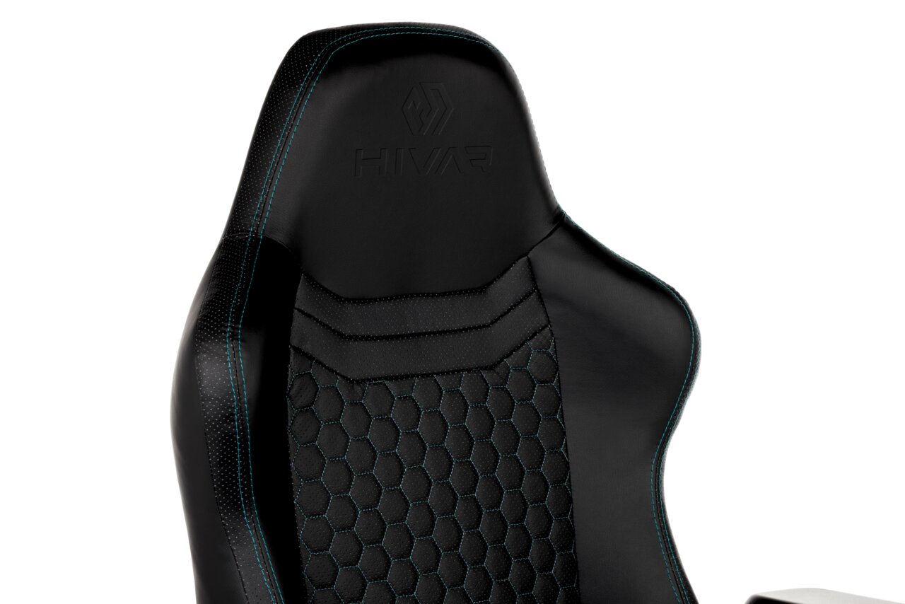 HIVAR Gaming Stuhl ORBICAL Schwarzer Gaming-Stuhl mit blauen Nähten und Wabenmuster, Vorderansicht