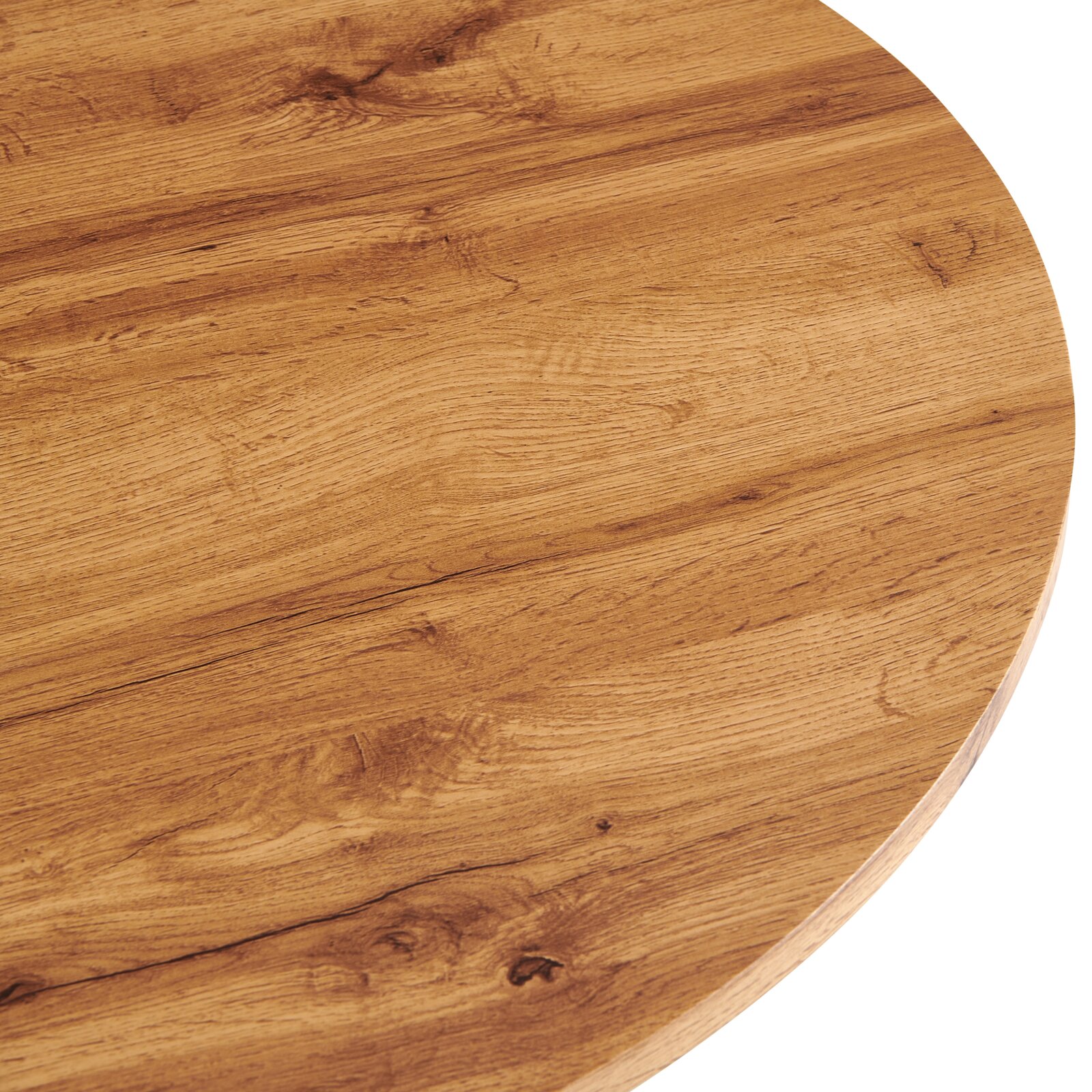 Runde Tischplatte aus Holz mit natürlicher Maserung und Aststellen, Nahaufnahme in schräger Draufsicht