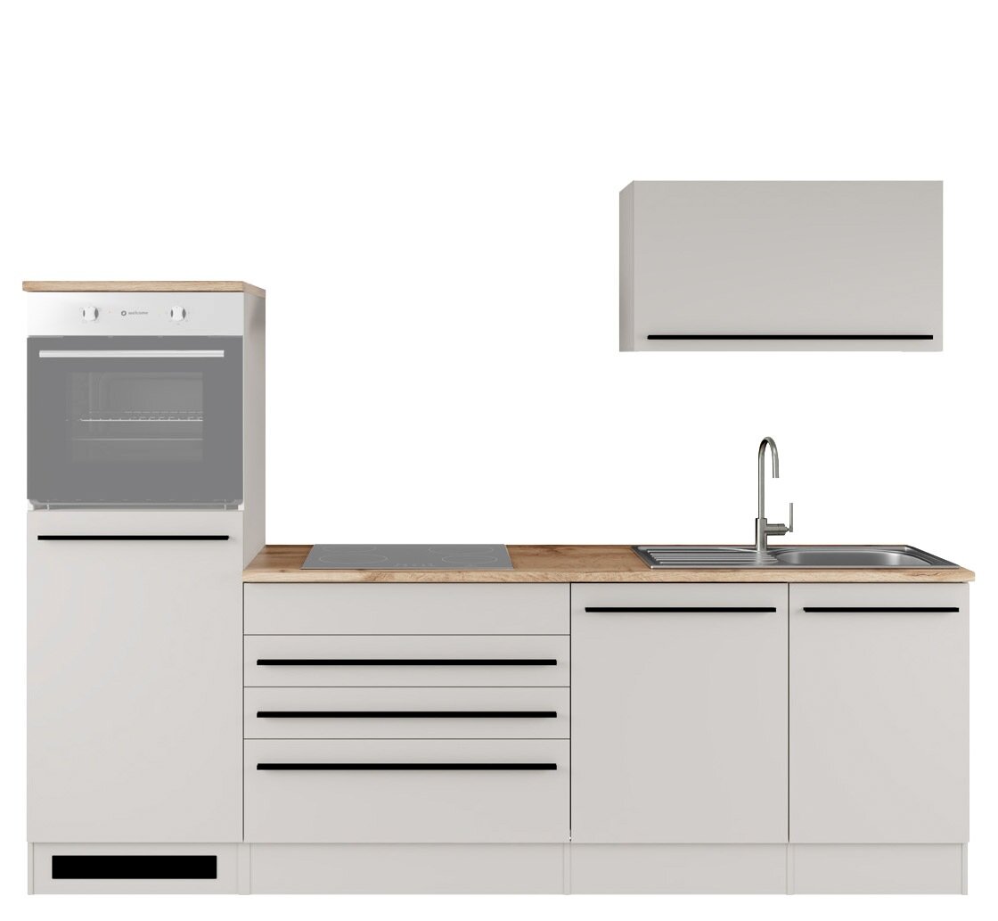 Vooraanzicht van een compacte witte keukenopstelling met houtkleurig werkblad, inbouwoven, kookplaat, spoelbak, kraan, onderkasten, laden en bovenkast met zwarte handgrepen.