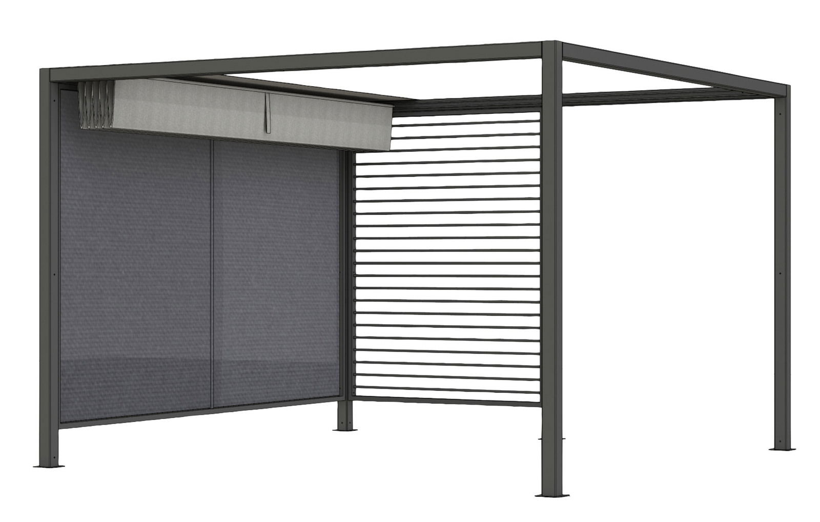 Moderner Sichtschutz Ranotex aus Metall mit Lamellen und Stoffelementen, seitliche Perspektive