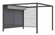 Moderne Ranotex-zonnescherm van metaal met lamellen en stoffen elementen, zijaanzicht