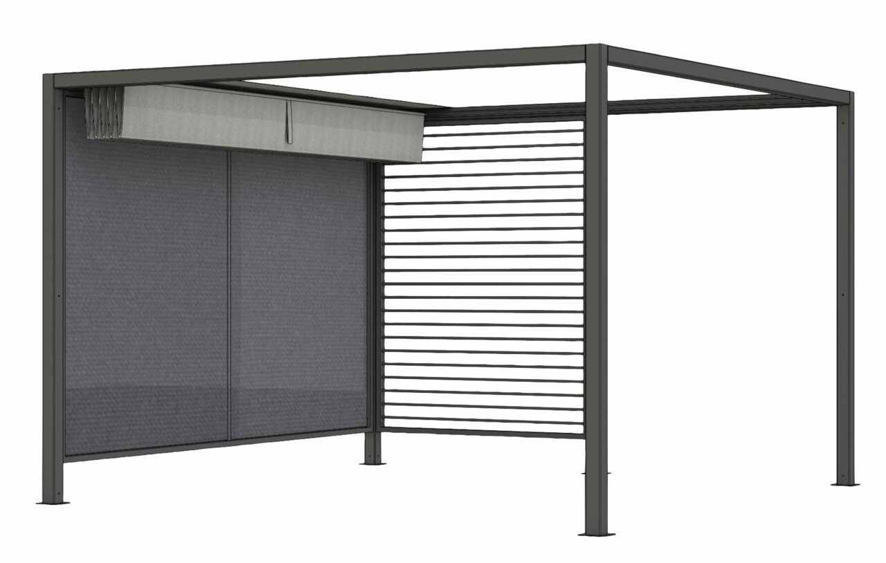Moderne Ranotex-zonnescherm van metaal met lamellen en stoffen elementen, zijaanzicht
