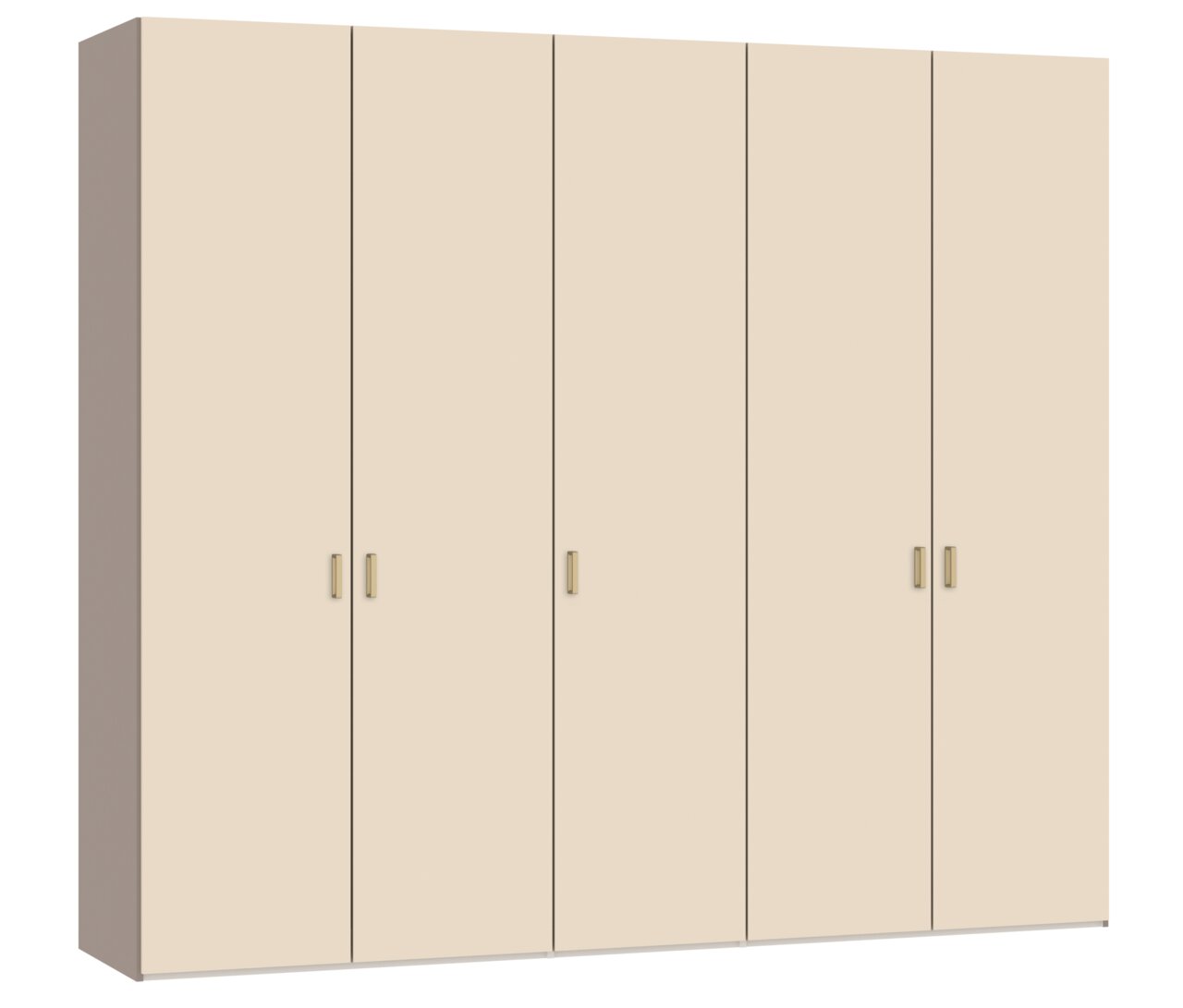 Beige kledingkast met vijf deuren en goudkleurige handgrepen, schuin van voren links (3/4-aanzicht) weergegeven op witte achtergrond.