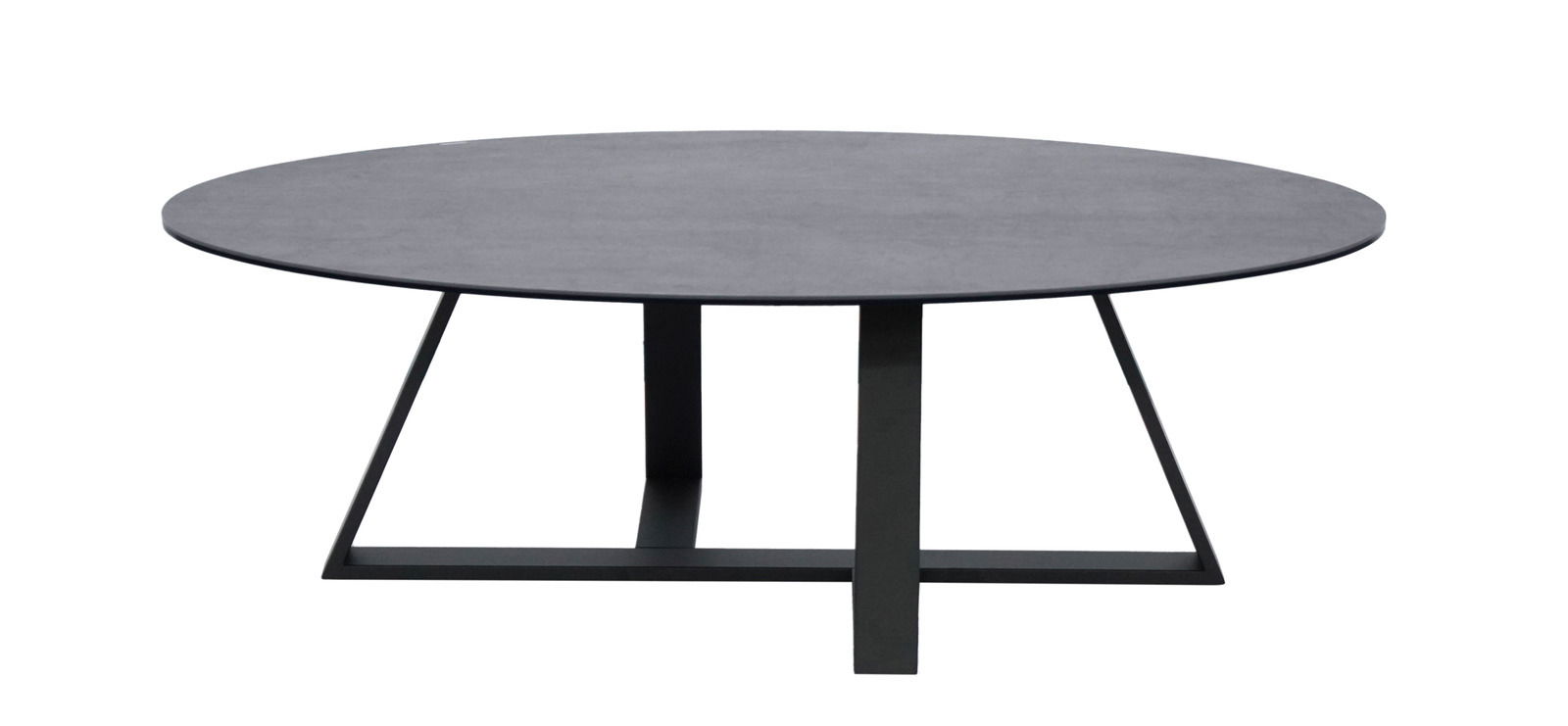 Runder Couchtisch mit dunkler Tischplatte und modernem Metallgestell, seitliche Perspektive