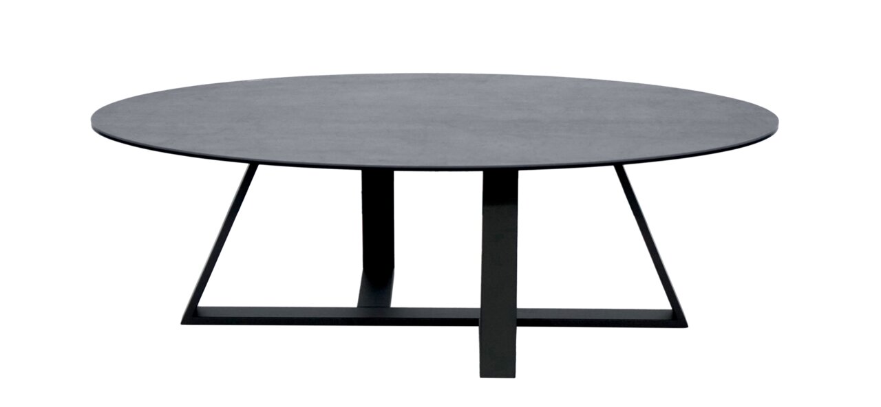 Runder Couchtisch mit dunkler Tischplatte und modernem Metallgestell, seitliche Perspektive