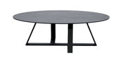 Ronde salontafel met donker tafelblad en modern metalen onderstel, zijaanzicht