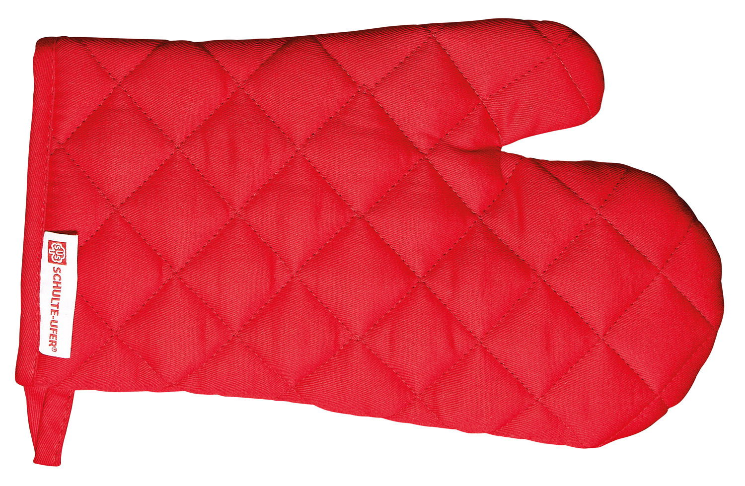 Roter, gesteppten Ofenhandschuh von der Seite betrachtet.