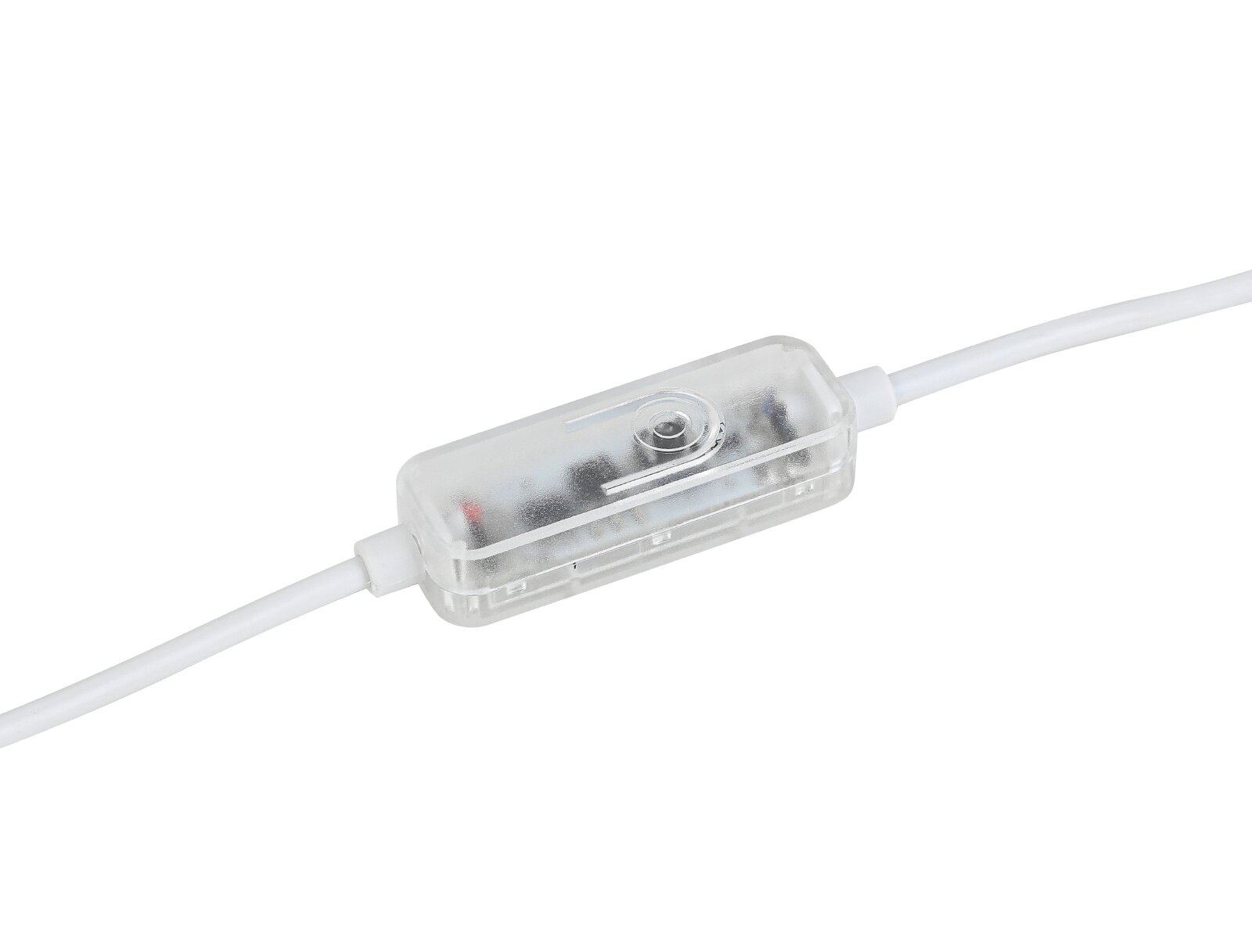 Transparenter Schnur-Zwischenschalter mit Druckknopf und weißem Kabel, aus schräger Draufsicht