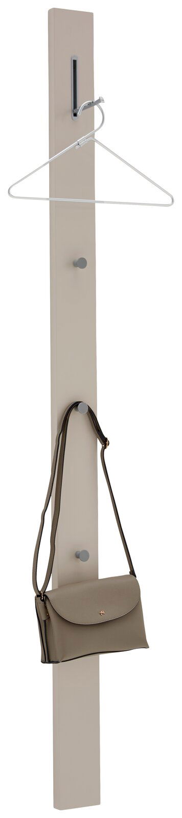 Dieter Knoll Garderobenpaneel CORTINA Garderobenpaneel in vertikaler Perspektive mit Kleiderbügel und Handtasche.