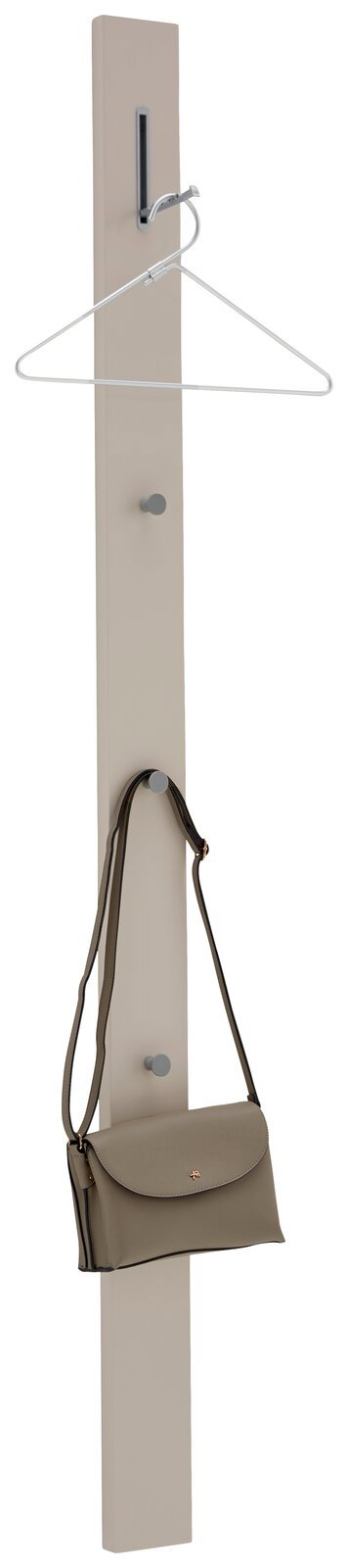 Garderobenpaneel in vertikaler Perspektive mit Kleiderbügel und Handtasche.