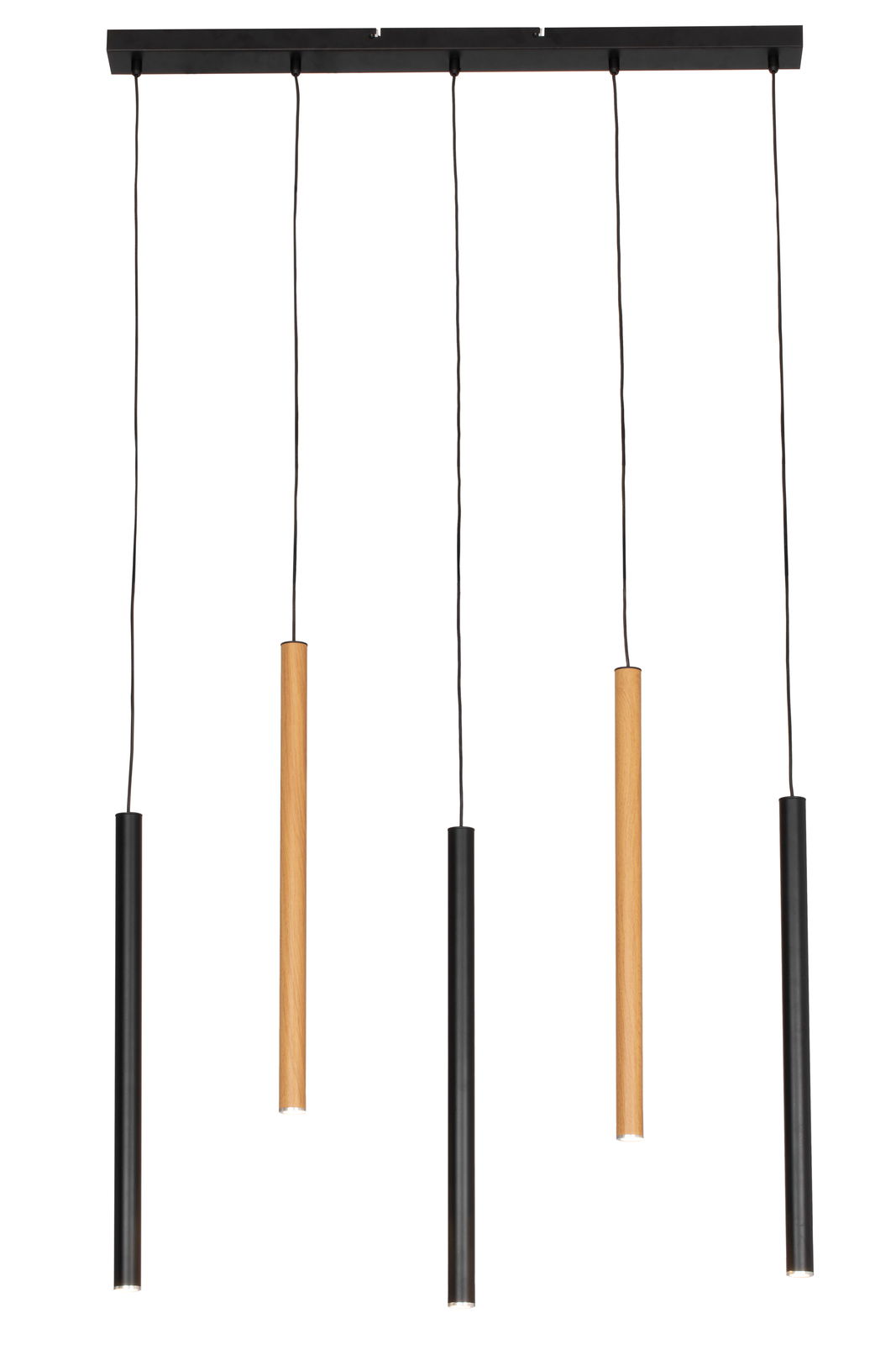 Moderne Hängelampe mit fünf zylindrischen Pendeln in Schwarz und Holzoptik, frontal betrachtet.