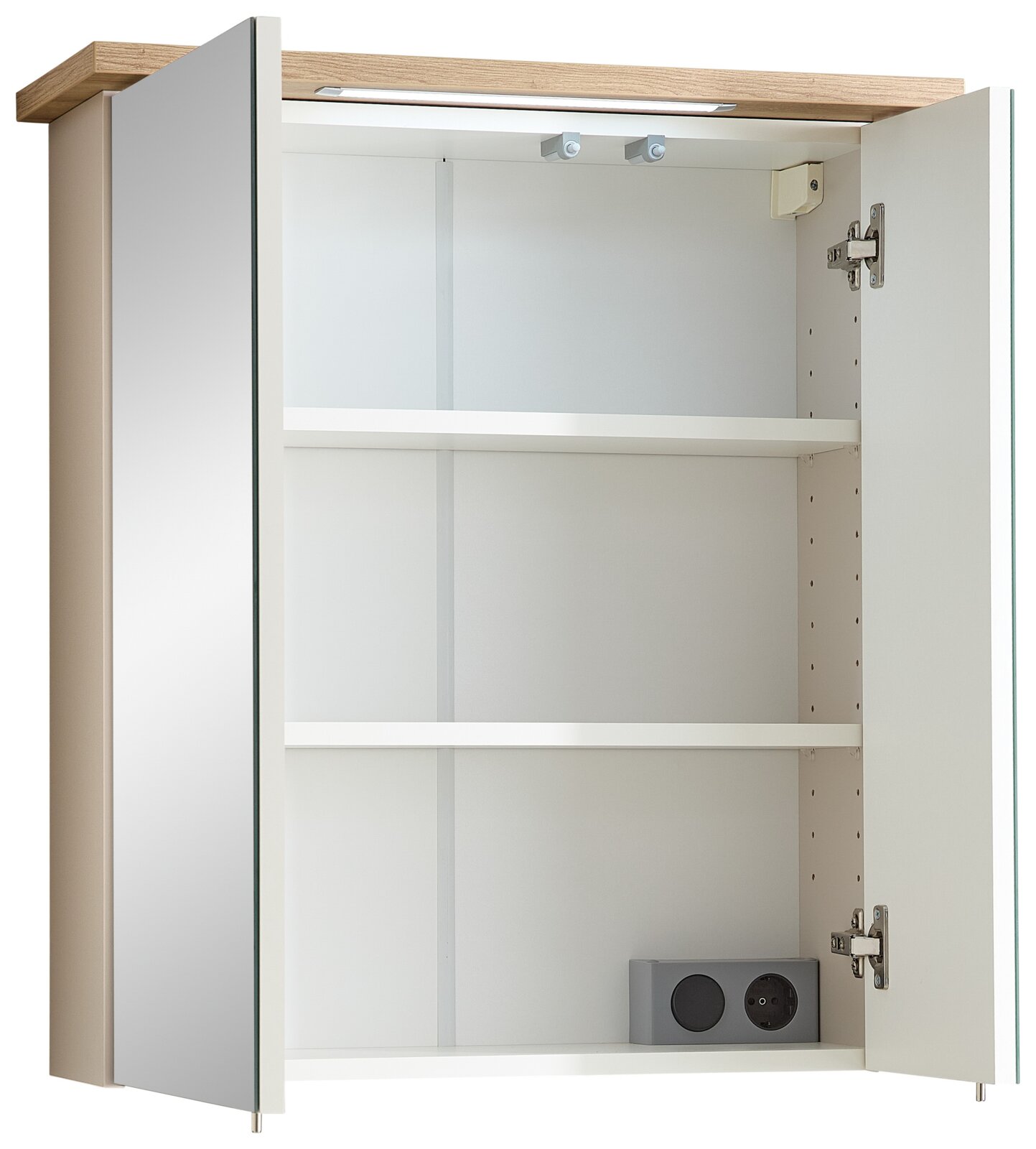 XORA Spiegelkast QS966 Open spiegelkast met twee deuren, houten afwerking en ingebouwd stopcontact, gezien vanaf de voorkant.