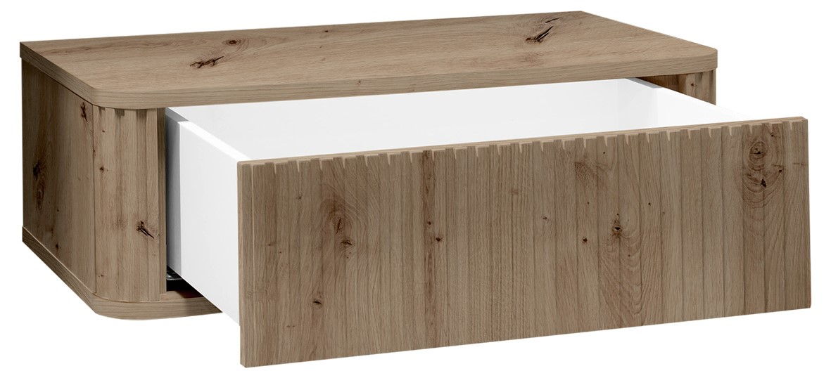Moderner Nachttisch/Beistelltisch in Eiche-Optik mit weißem Korpus und großer Schublade, schräg von vorne links in 3/4-Perspektive gezeigt, Schublade geöffnet.