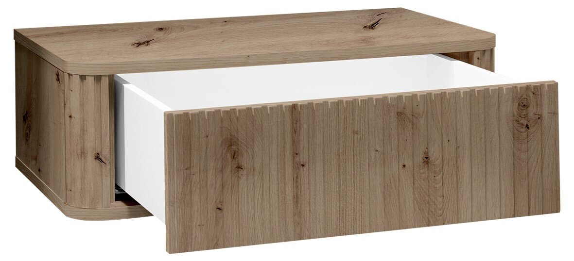 Moderner Nachttisch/Beistelltisch in Eiche-Optik mit weißem Korpus und großer Schublade, schräg von vorne links in 3/4-Perspektive gezeigt, Schublade geöffnet.