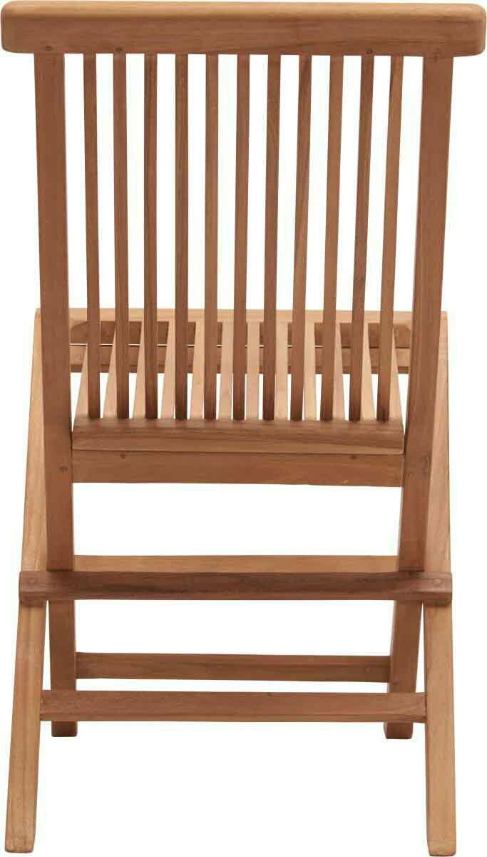 Rückansicht eines hölzernen Klappstuhls mit vertikalen Streben